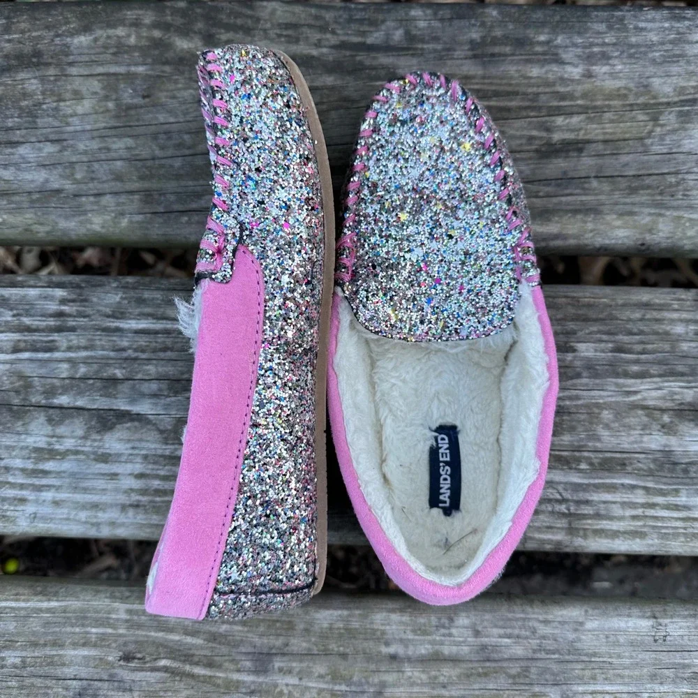 Lands End Girls Pink Glitter Faux Fur Moccasin‎ Slippers Multi Color Size 5